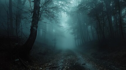 Misty forest path through dark trees on a foggy day