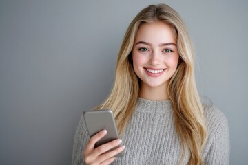 Naklejka premium A cheerful blonde girl stands in a contemporary studio, happily holding her smartphone and smiling at the camera