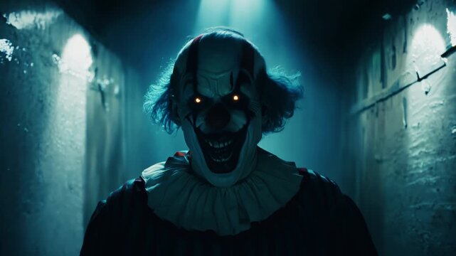 Very creepy clown with sharp teeth and glowing eyes walking towards the camera. Cinematic horror movie clip. Frightening Halloween theme. Killer wearing a mask. 
