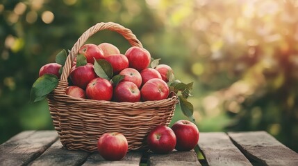 A rustic wicker basket overflowing with freshly picked red apples, set on a wooden table outdoors.