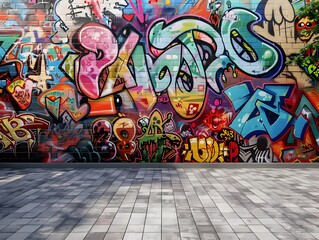 Obraz premium Graffiti art on a brick wall in an urban setting with colorful spray paint and artistic designs