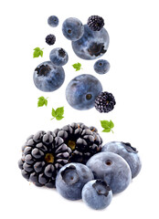 Fresh ripe berry in closeup. Black berries. Blackberries and blueberries on white background.