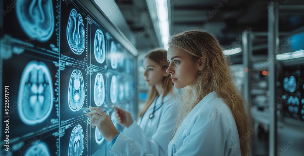 Poster two healthcare workers examine detailed brain imaging in a cutting-edge laboratory setting.