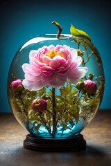 A double exposure that combines a peony and a glass apple. The peony is located inside a translucent glass apple figure