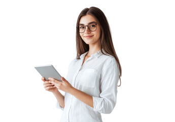 A young businesswoman smiles as she holds a tablet, exuding confidence and professionalism in a bright environment
