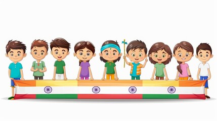 Fototapeta premium Children Celebrating India Independence Day with National Flag and Traditional Attire