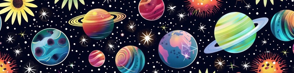 Naklejka premium kiwi pattern with planets and stars for futuristic apparel or science fiction book covers.