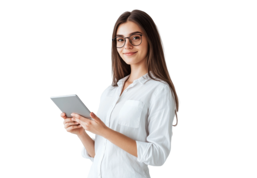 A young businesswoman smiles as she holds a tablet, exuding confidence and professionalism in a bright environment