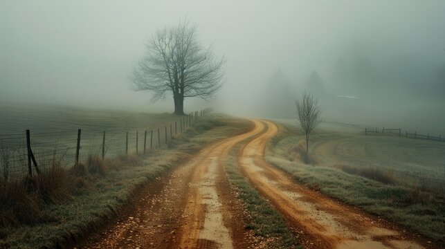 Misty dirt road winding through a foggy landscape with bare trees in early morning light - Powered by Adobe