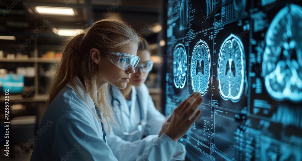 Poster two researchers examine detailed brain scans on a digital display, engaged in analysis within a high