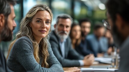 A focused business meeting with diverse participants engaged in discussion.