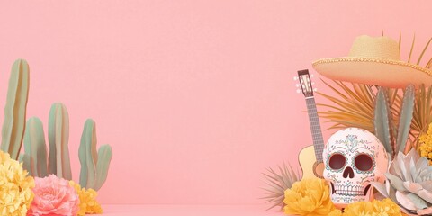Pink banner with copy space for Mexico Meter Day. Still life with cactus, sugar skull, guitar, flowers, drinks, tequila. Pastel turquoise and pink colors.