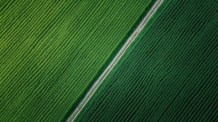 This image captures a stunning aerial view of vast green fields from above, showing a central path cutting through the neatly organized rows of vegetation, creating a beautiful pattern.