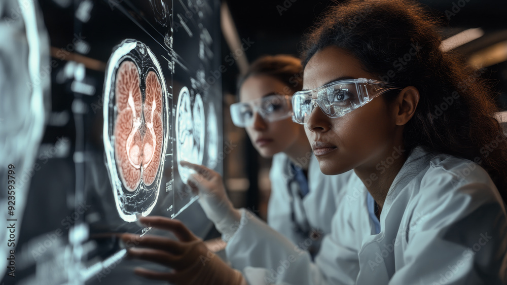 Poster two researchers in lab coats examine detailed brain scans on a large screen, showcasing advanced tec