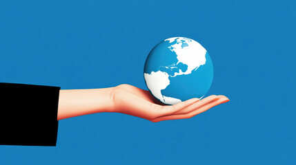 An artistic image showing a hand holding a globe, symbolizing global connection, care, and responsibility, captured in a modern style with a clean and bright blue background.