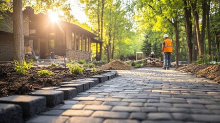 Obraz premium A worker carefully constructs a stylish pathway amid vibrant trees, basking in warm morning light
