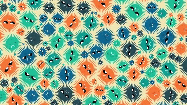 Funny character of virus or bacteria. Background with funny monsters of coronavirus, flu and influenza, adenovirus, rotavirus and papillomavirus, microbiology backdrop