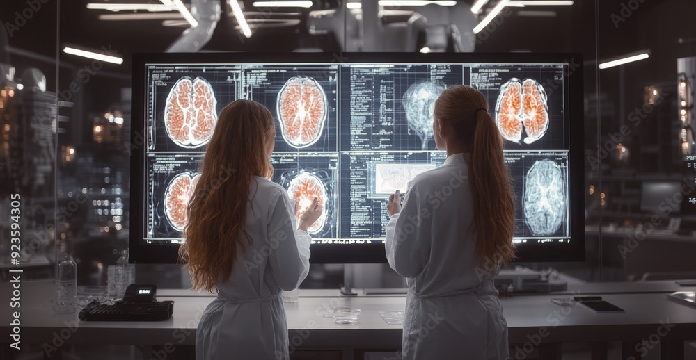 Poster Two researchers study detailed brain scans on a large display in a high-tech laboratory during nighttime.