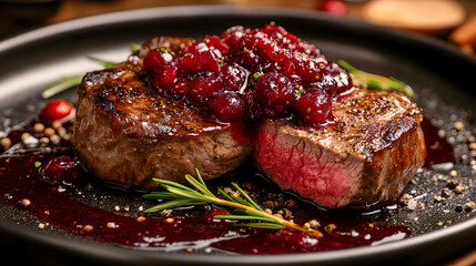 Juicy steak with cranberry sauce commercial advertising photo
