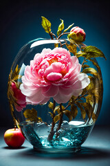A double exposure that combines a peony and a glass apple. The peony is located inside a translucent glass apple figure