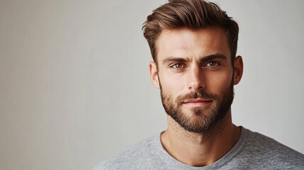 Obraz premium Stylish Handsome Man Portrait on Light Background with Copy Space