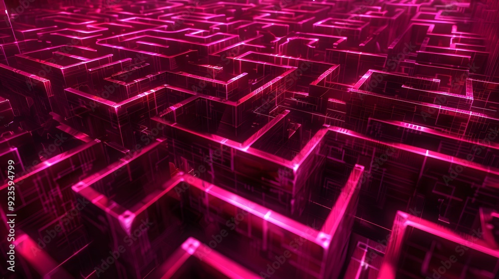 Poster a chaotic maze where the walls and floors are made of distorted hexadecimal code, constantly shiftin