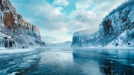 Obraz premium Frozen river landscape with dramatic cliffs under a cloudy sky in winter