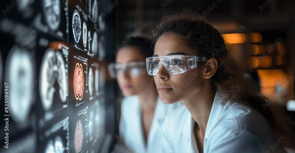 Leinwandbilder two researchers examine detailed brain scans on a digital display in a laboratory environment focuse