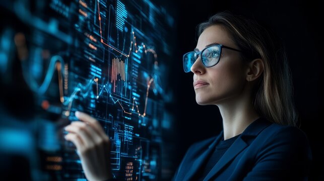 Data Driven Decision:  A focused woman in glasses analyzes a glowing wall of data and charts, showcasing the power of digital insights and analytics