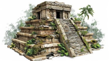 Ancient temple ruins surrounded by lush foliage in a tropical landscape