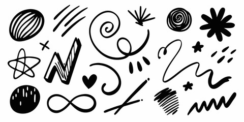 Ink brush stroke scribble, vector doodle handwriting squiggle set, black messy crayon line swirl. Hand drawn grunge decorative signature, pencil sketch texture effect. Brush stroke wavy outline mark