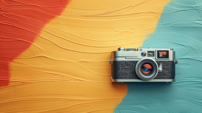 Vintage Camera on Colorful Pastel Background Celebrating World Photography Day with Artistic Texture
