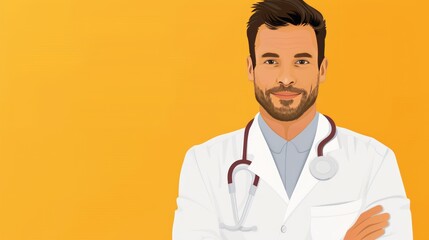 Illustration of a confident doctor in a white coat with a stethoscope, on a vibrant orange background, conveying professionalism and healthcare.