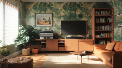 A Refreshing Family Space Exuding Comfort and Style with Green Abstract Wallpaper and Cozy Furnishings for Relaxation and Connection
