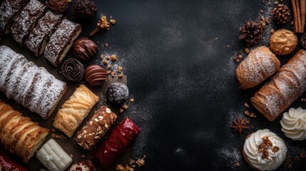 A diverse assortment of pastries and sweets, including rolls, macarons, and cookies, beautifully arranged on a dark background dusted with confectioners' sugar.