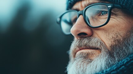 A mysterious, misty figure wearing glasses partially visible against a dark, blurred background, evoking a sense of intrigue and contemplation.