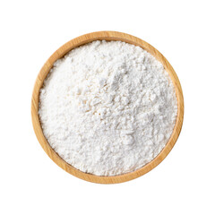 Wheat flour in wooden bowl, top view