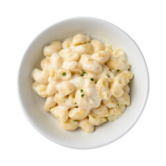 Macaroni and cheese in bowl, top view