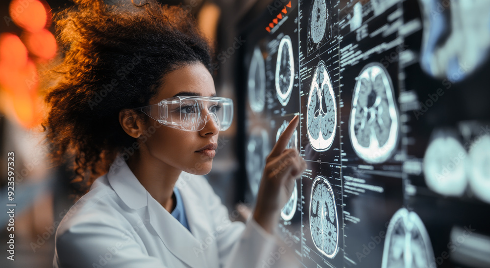 Poster a researcher examines brain scans on a digital screen while wearing protective eyewear in a modern l