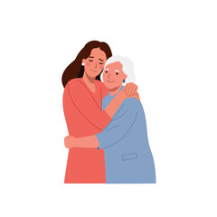 Young woman hugging her elderly mother. Vector cartoon flat style illustration