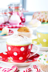 Colorful Cappuccino with Whipped Cream in a Polka Dot Cup