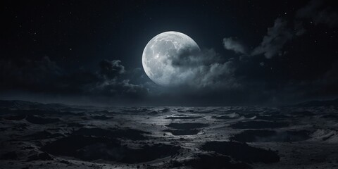 Amazing scenery of white glowing moon with craters in black sky with clouds at night.