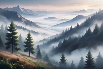 Obraz premium Misty mountain landscape with pine trees at sunrise.