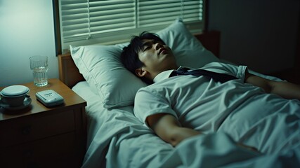 Fototapeta premium Young Asian businessman sleeping in bed at home