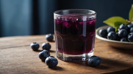 Blueberry juice in a glass with whole blueberries.