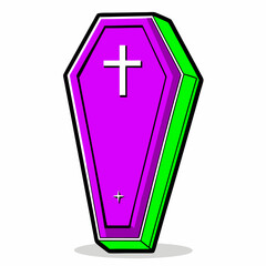 Obraz premium Cartoon Pink and Green Coffin with White Cross in Halloween Design
