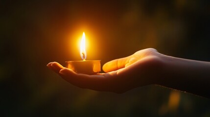 Hand Reaching Toward Candle Flame Symbolizing Contemplation and Spirituality with Softly Glowing Light
