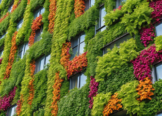Vibrant Vertical Garden on Urban Building Displaying Colorful Flora in Full Bloom