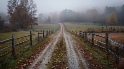Fototapeta premium Foggy autumn morning on a gravel path winding through a rural landscape with trees