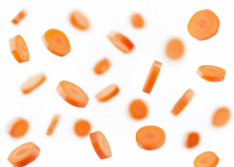 A dynamic array of whole and sliced carrots levitating in a bright, white space, highlighting their crisp texture and vibrant orange color, ideal for health and nutrition visuals.